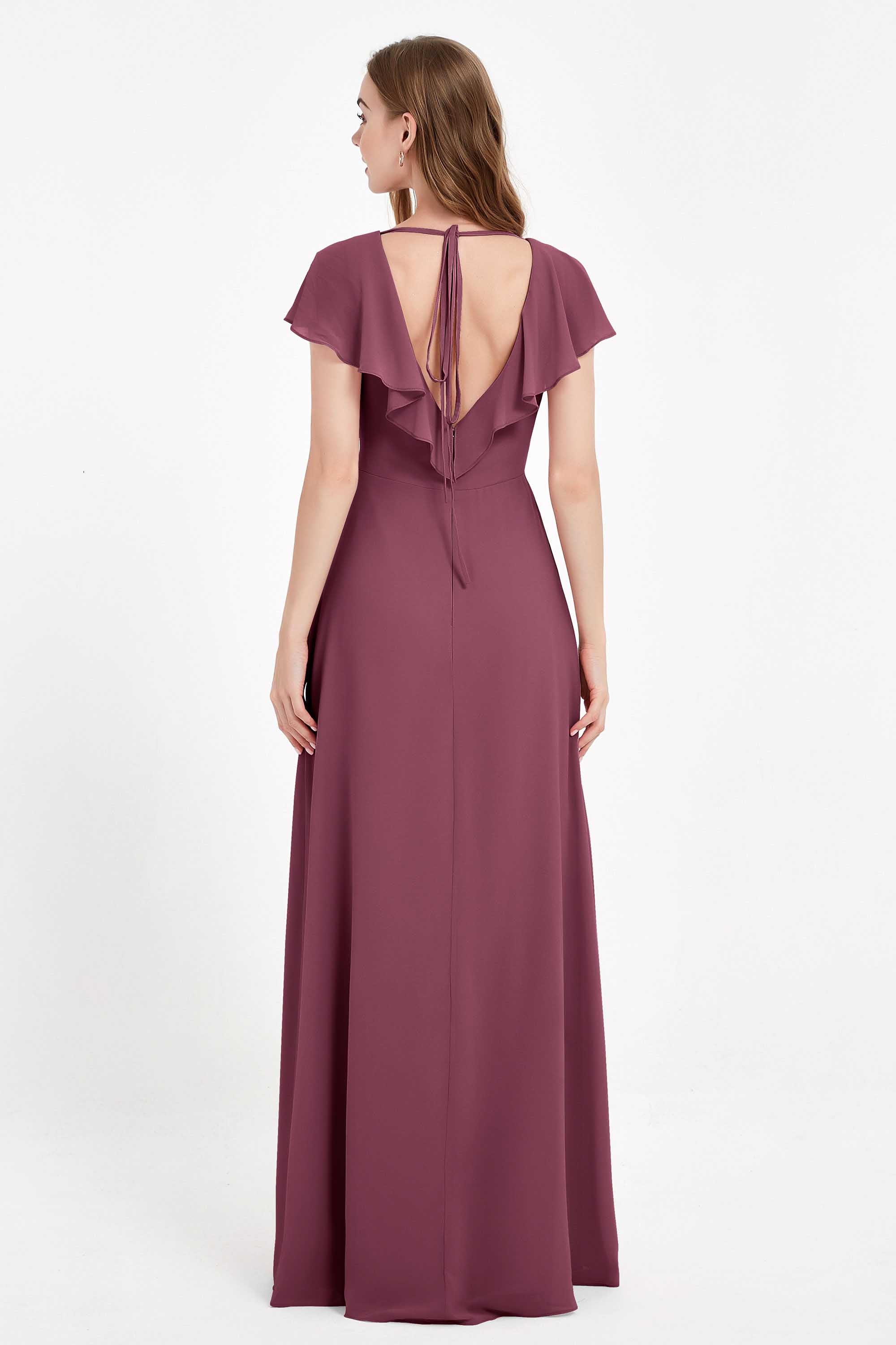 Deep V Neck Chiffon Bridesmaid Dress Flutter Sleeves Formal Evening Dresses Gowns with Slit