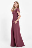 Deep V Neck Chiffon Bridesmaid Dress Flutter Sleeves Formal Evening Dresses Gowns with Slit