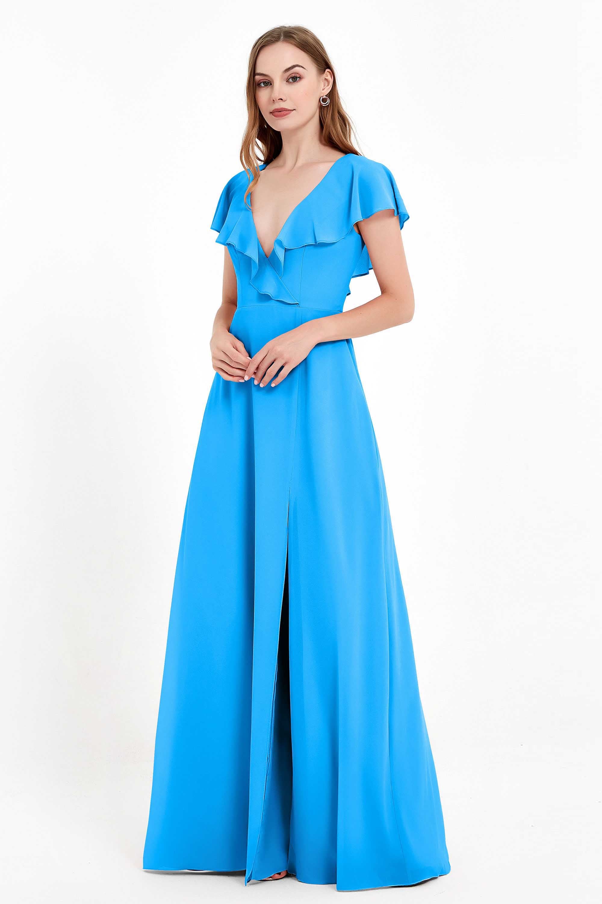 Deep V Neck Chiffon Bridesmaid Dress Flutter Sleeves Formal Evening Dresses Gowns with Slit