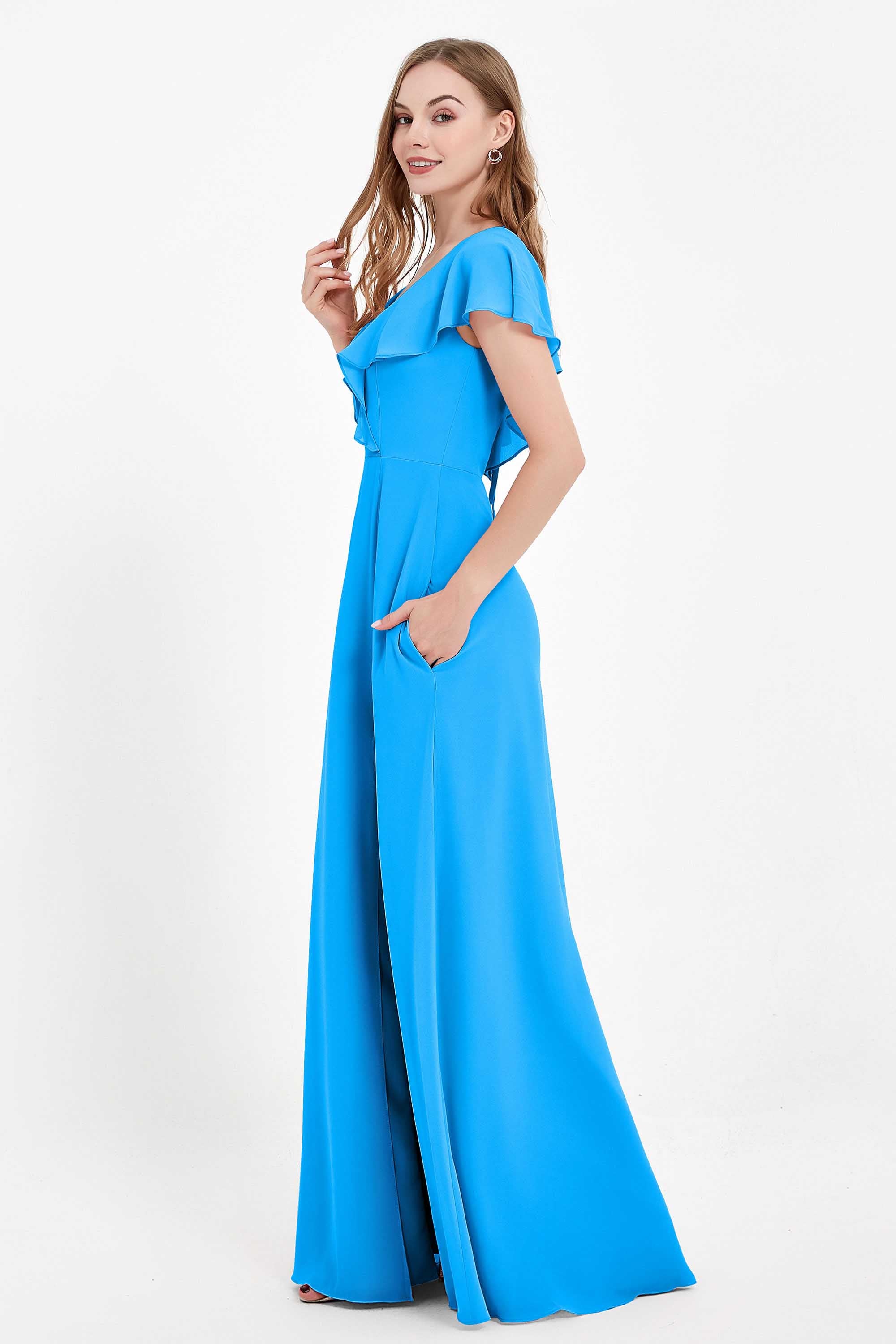 Deep V Neck Chiffon Bridesmaid Dress Flutter Sleeves Formal Evening Dresses Gowns with Slit