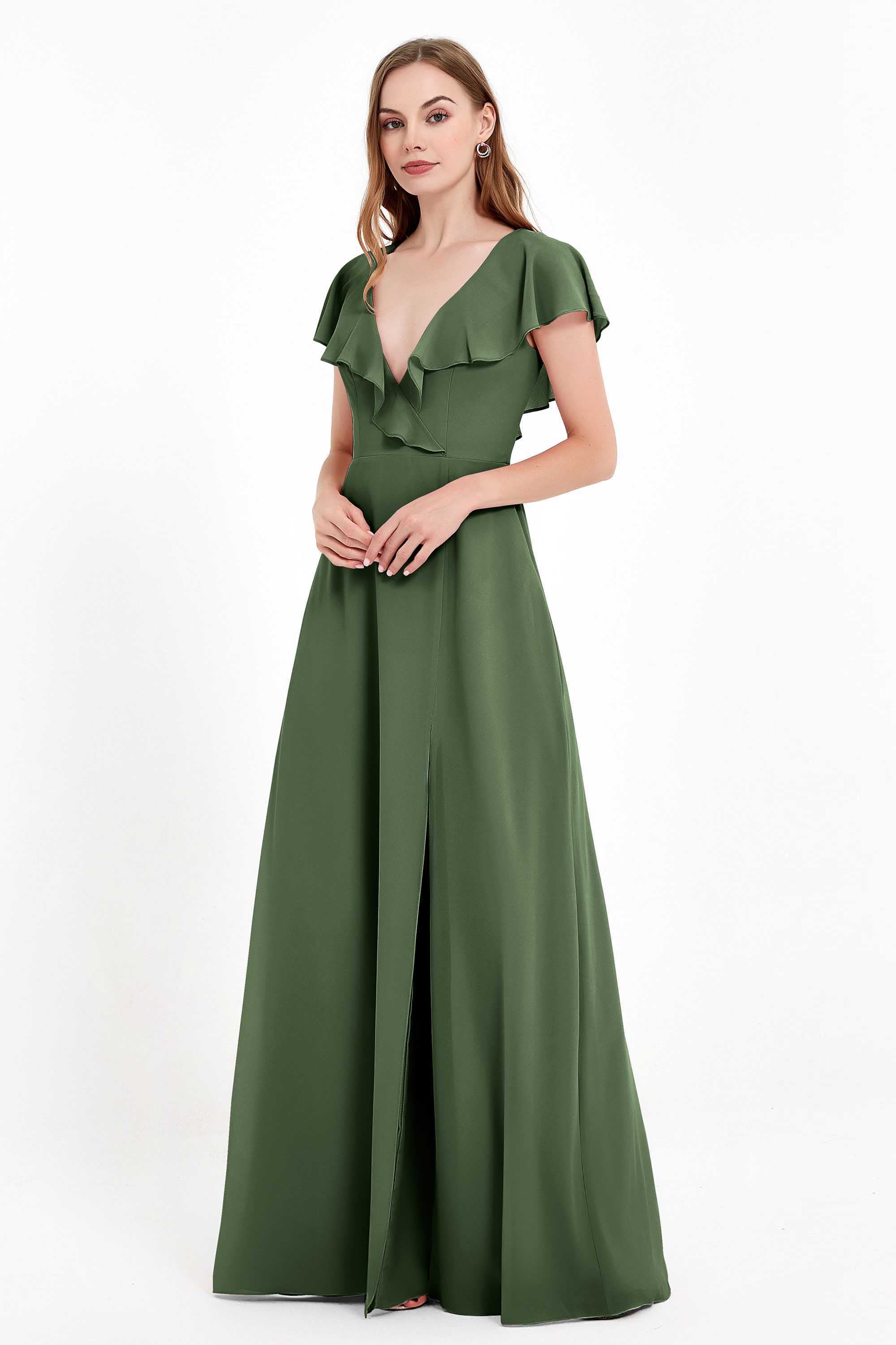Deep V Neck Chiffon Bridesmaid Dress Flutter Sleeves Formal Evening Dresses Gowns with Slit