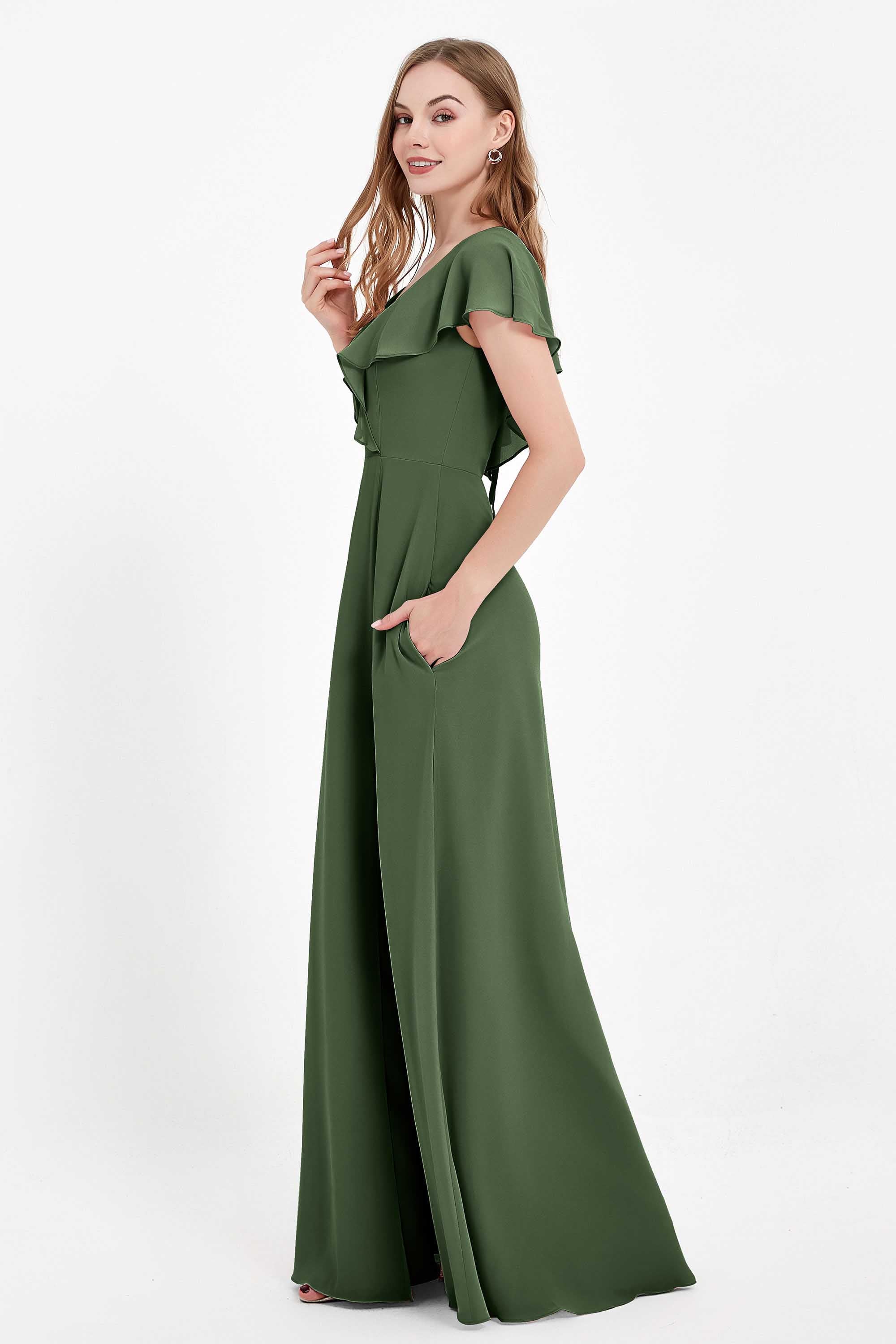 Deep V Neck Chiffon Bridesmaid Dress Flutter Sleeves Formal Evening Dresses Gowns with Slit