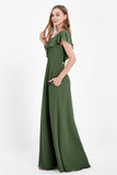 Deep V Neck Chiffon Bridesmaid Dress Flutter Sleeves Formal Evening Dresses Gowns with Slit