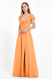 Deep V Neck Chiffon Bridesmaid Dress Flutter Sleeves Formal Evening Dresses Gowns with Slit