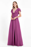 Deep V Neck Chiffon Bridesmaid Dress Flutter Sleeves Formal Evening Dresses Gowns with Slit