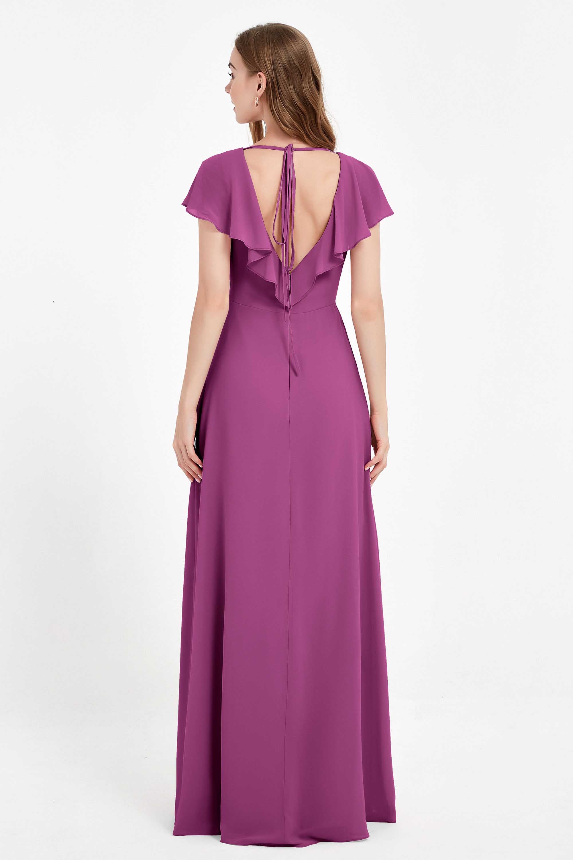 Deep V Neck Chiffon Bridesmaid Dress Flutter Sleeves Formal Evening Dresses Gowns with Slit