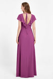 Deep V Neck Chiffon Bridesmaid Dress Flutter Sleeves Formal Evening Dresses Gowns with Slit