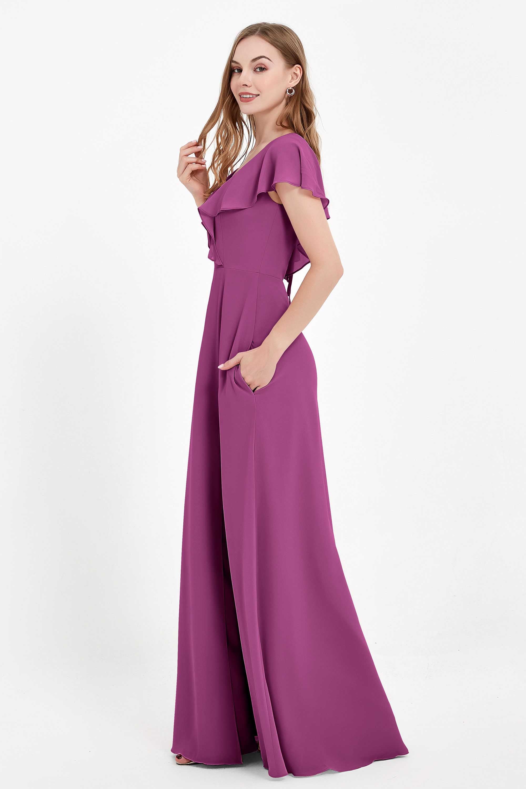 Deep V Neck Chiffon Bridesmaid Dress Flutter Sleeves Formal Evening Dresses Gowns with Slit