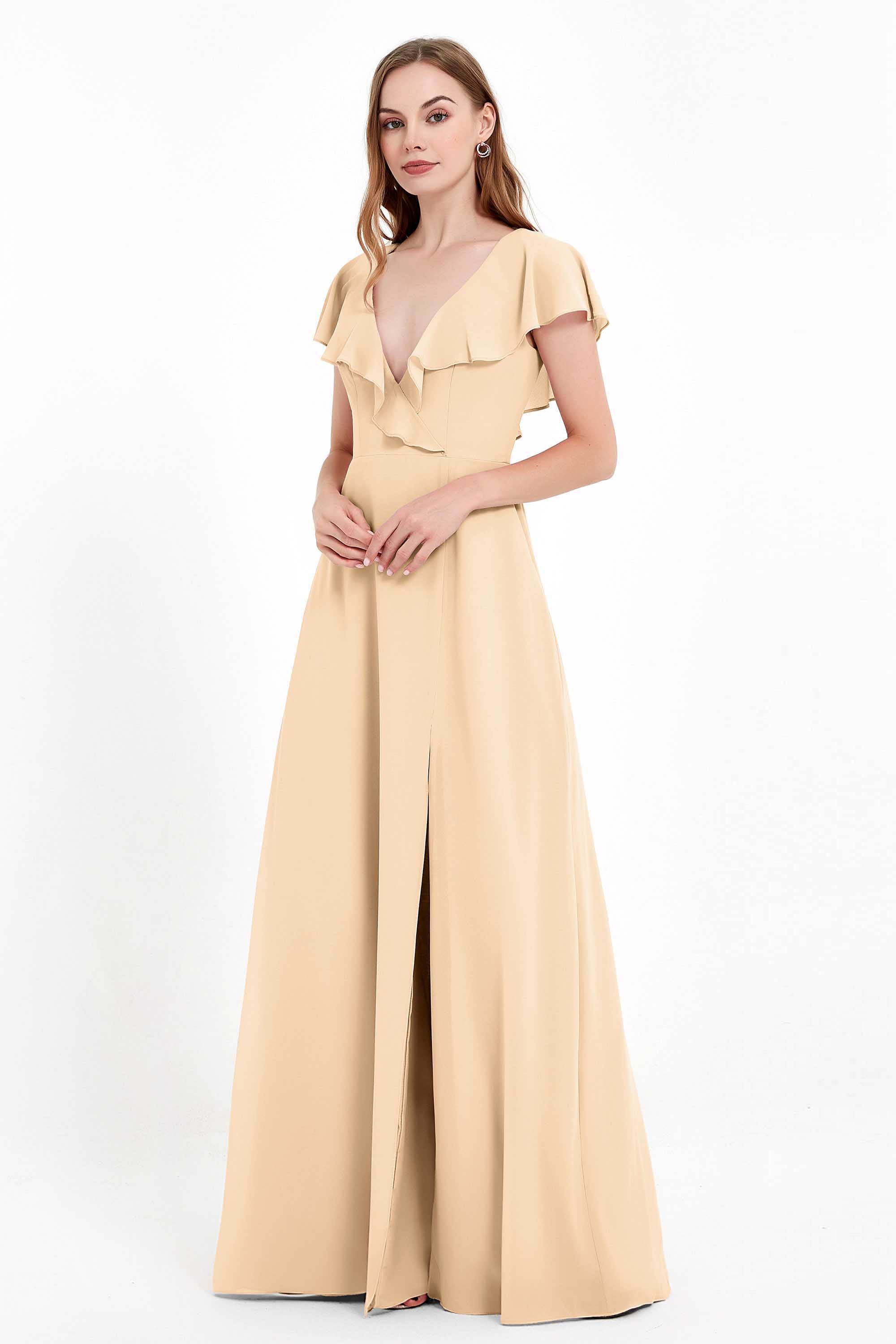 Deep V Neck Chiffon Bridesmaid Dress Flutter Sleeves Formal Evening Dresses Gowns with Slit