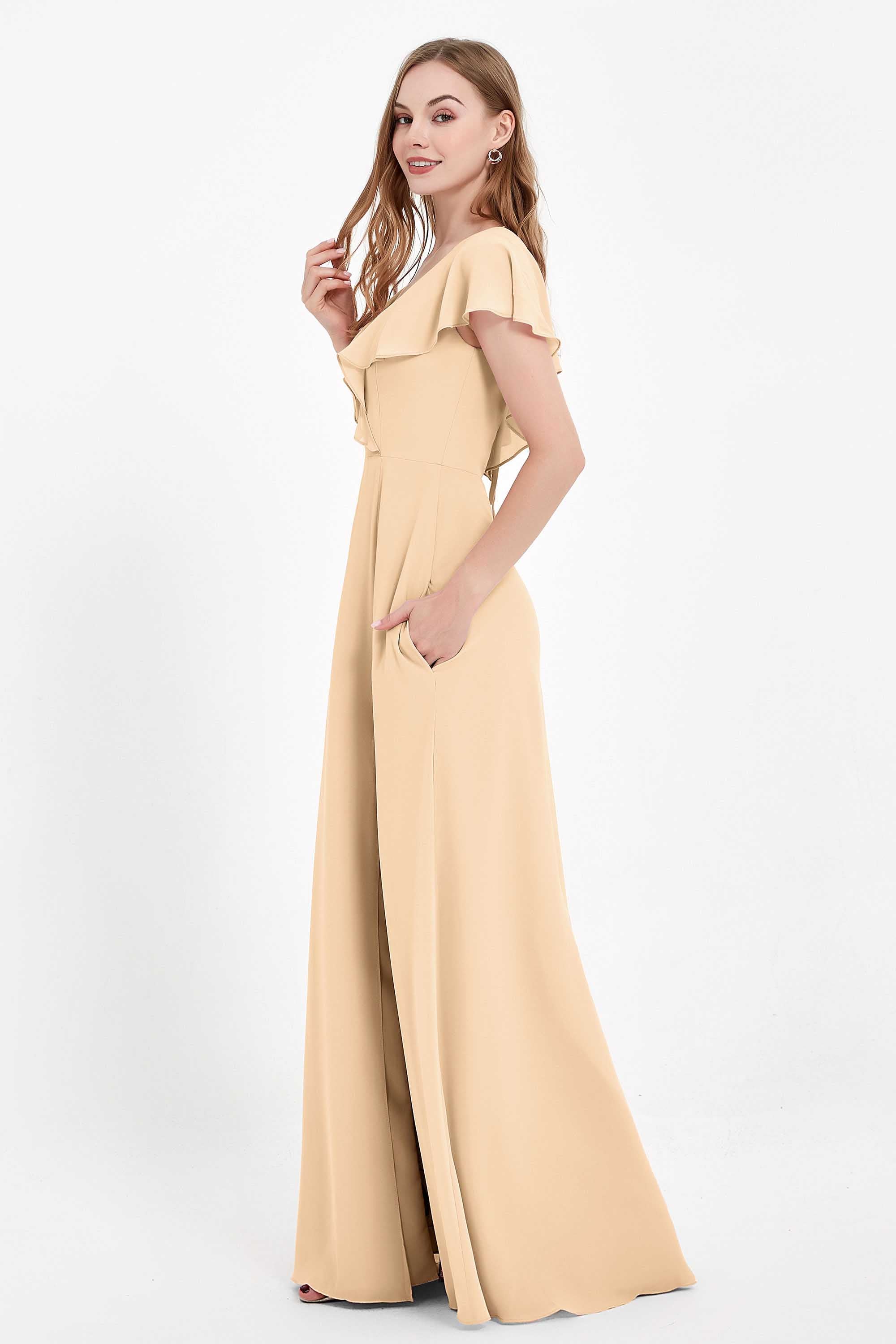 Deep V Neck Chiffon Bridesmaid Dress Flutter Sleeves Formal Evening Dresses Gowns with Slit