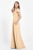 Deep V Neck Chiffon Bridesmaid Dress Flutter Sleeves Formal Evening Dresses Gowns with Slit