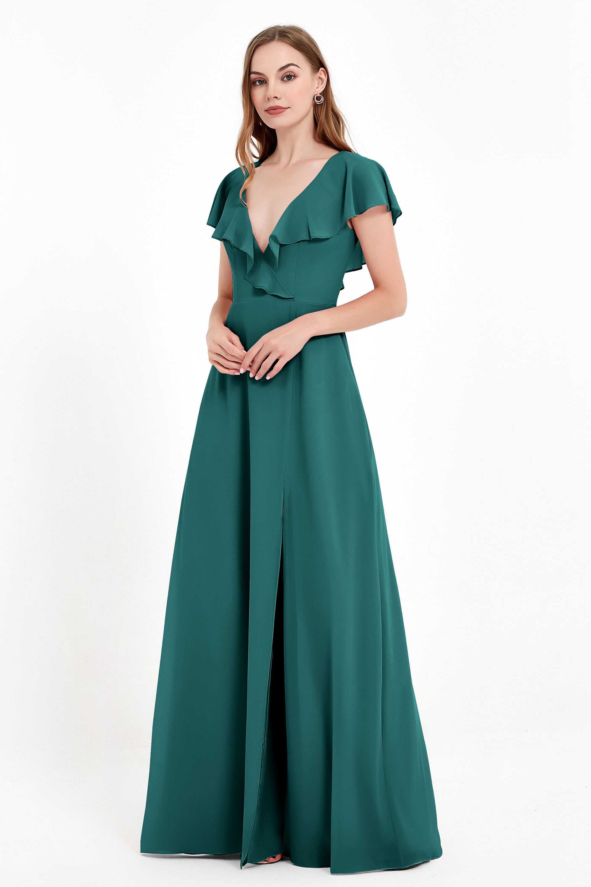 Deep V Neck Chiffon Bridesmaid Dress Flutter Sleeves Formal Evening Dresses Gowns with Slit