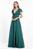 Deep V Neck Chiffon Bridesmaid Dress Flutter Sleeves Formal Evening Dresses Gowns with Slit