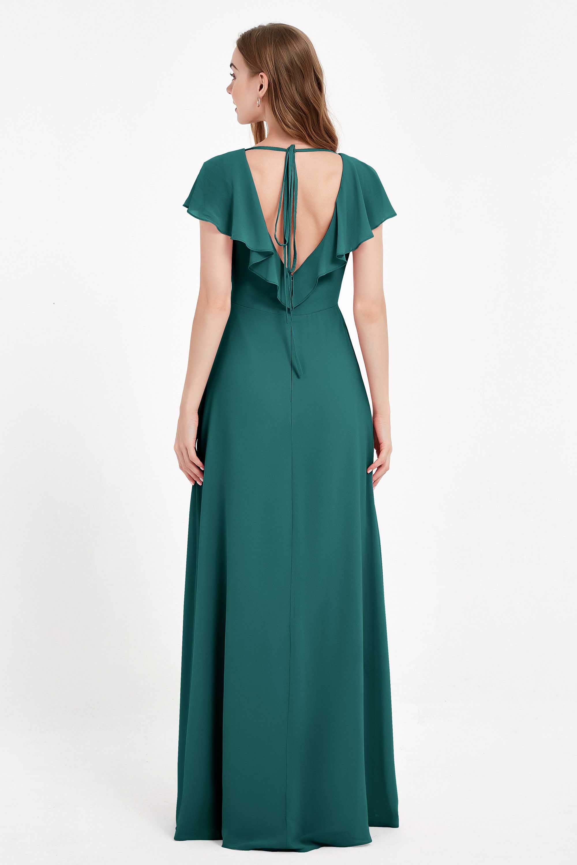 Deep V Neck Chiffon Bridesmaid Dress Flutter Sleeves Formal Evening Dresses Gowns with Slit