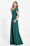 Deep V Neck Chiffon Bridesmaid Dress Flutter Sleeves Formal Evening Dresses Gowns with Slit