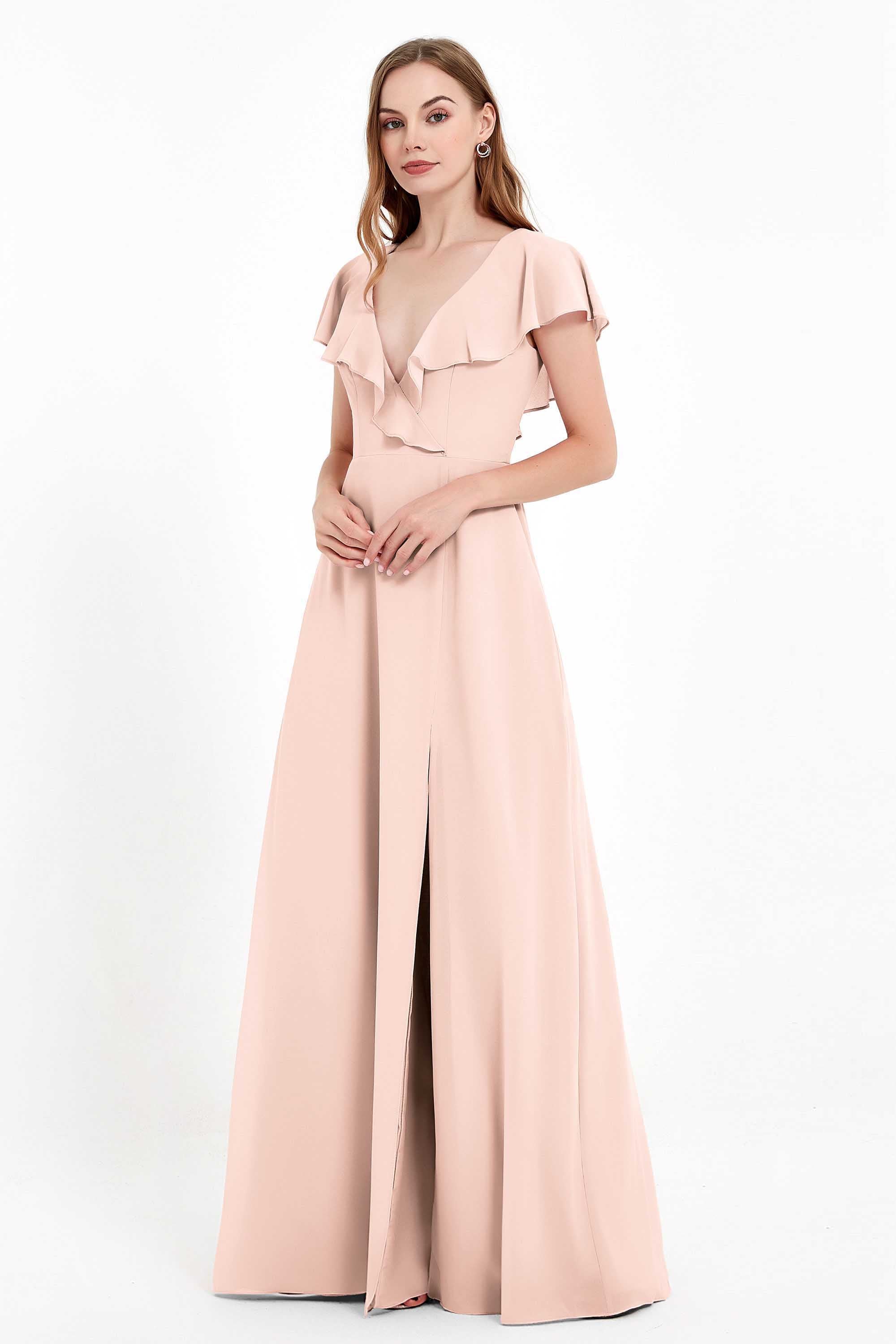 Deep V Neck Chiffon Bridesmaid Dress Flutter Sleeves Formal Evening Dresses Gowns with Slit