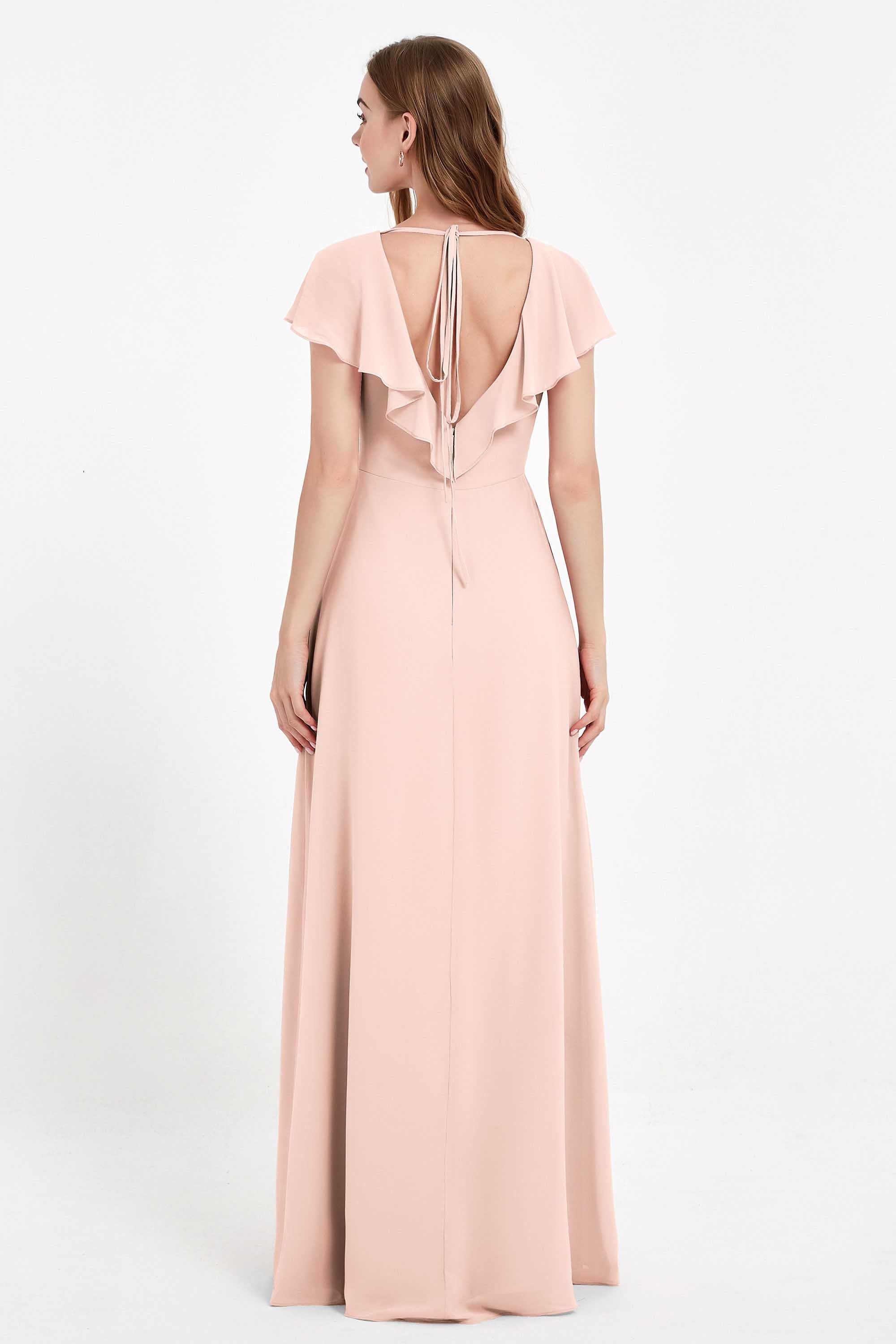 Deep V Neck Chiffon Bridesmaid Dress Flutter Sleeves Formal Evening Dresses Gowns with Slit