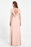 Deep V Neck Chiffon Bridesmaid Dress Flutter Sleeves Formal Evening Dresses Gowns with Slit