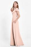 Deep V Neck Chiffon Bridesmaid Dress Flutter Sleeves Formal Evening Dresses Gowns with Slit