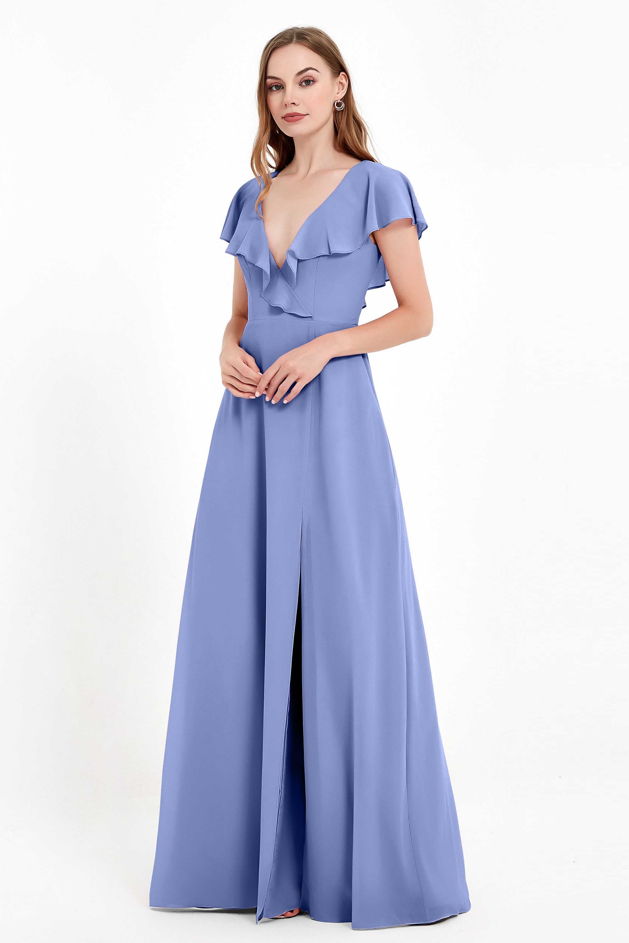 Deep V Neck Chiffon Bridesmaid Dress Flutter Sleeves Formal Evening Dresses Gowns with Slit