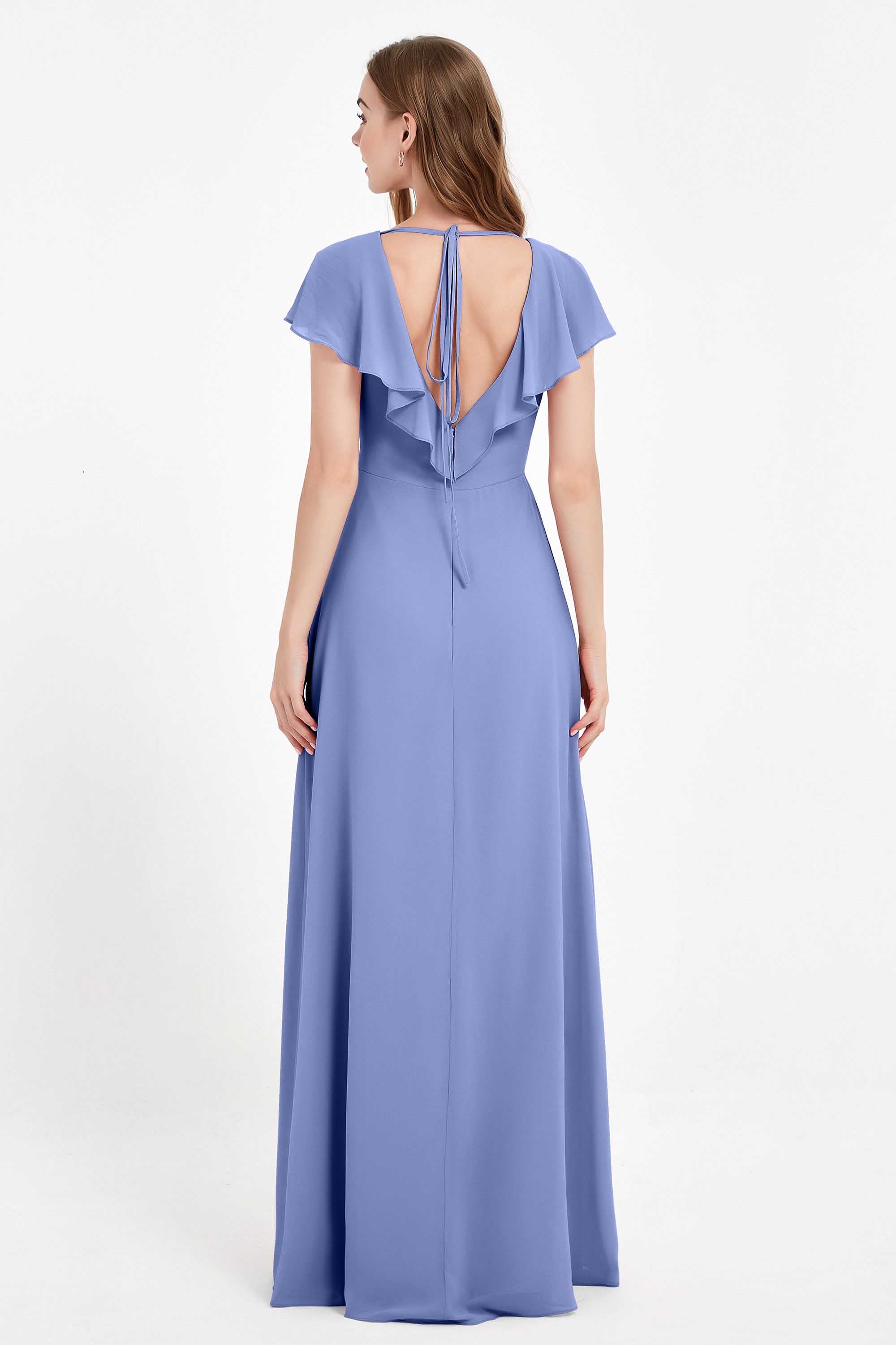 Deep V Neck Chiffon Bridesmaid Dress Flutter Sleeves Formal Evening Dresses Gowns with Slit