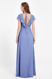 Deep V Neck Chiffon Bridesmaid Dress Flutter Sleeves Formal Evening Dresses Gowns with Slit