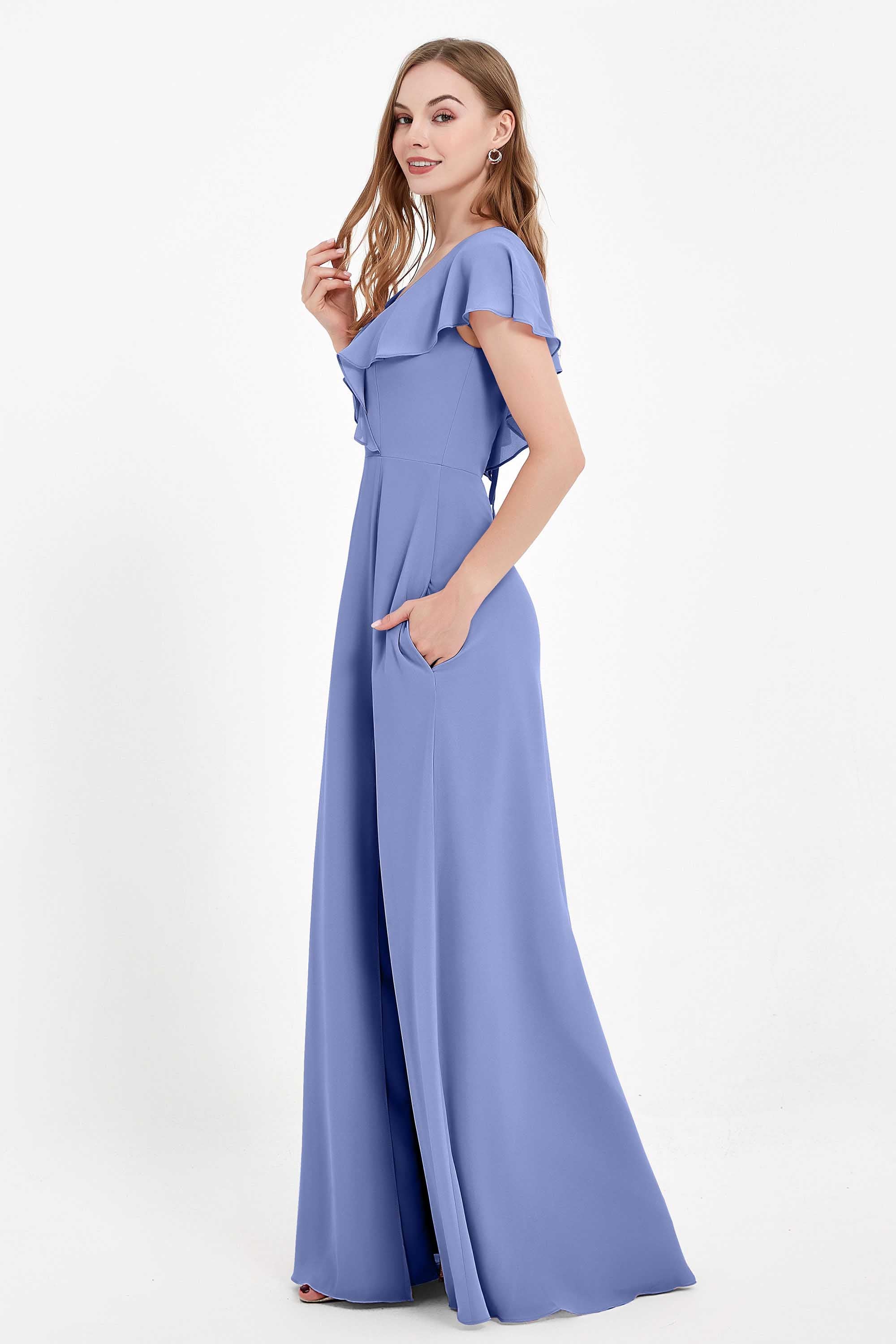 Deep V Neck Chiffon Bridesmaid Dress Flutter Sleeves Formal Evening Dresses Gowns with Slit