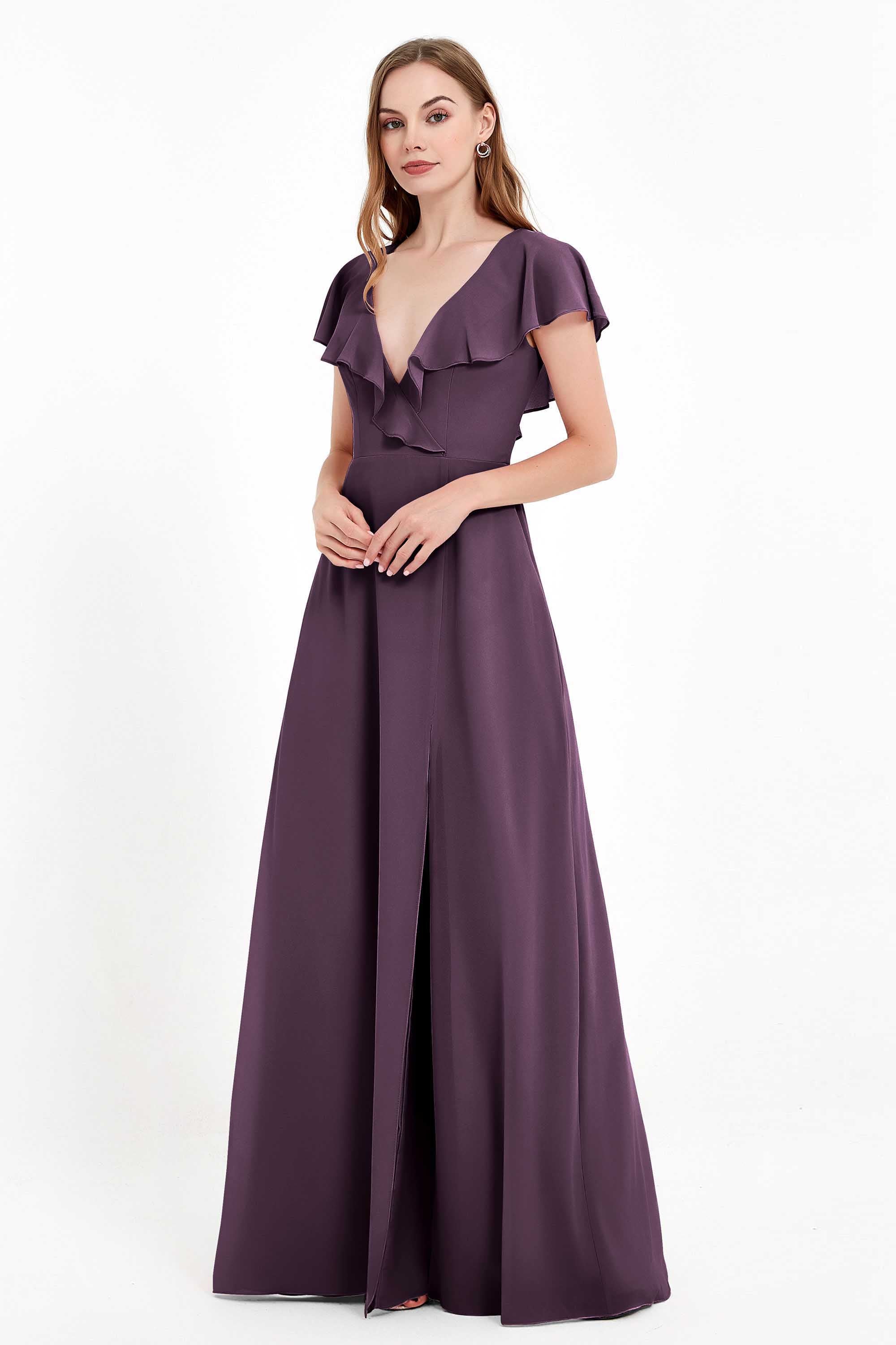Deep V Neck Chiffon Bridesmaid Dress Flutter Sleeves Formal Evening Dresses Gowns with Slit
