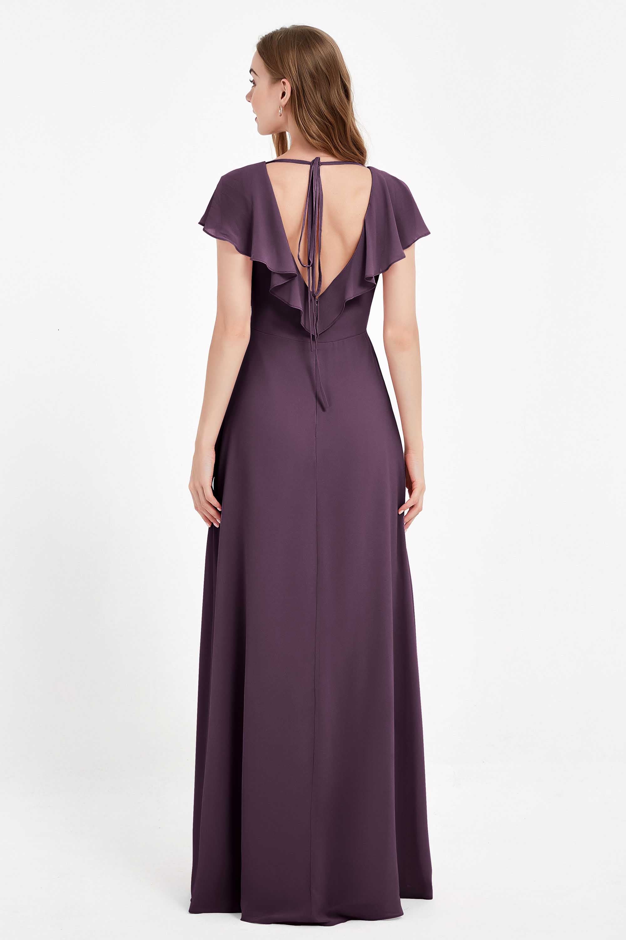 Deep V Neck Chiffon Bridesmaid Dress Flutter Sleeves Formal Evening Dresses Gowns with Slit