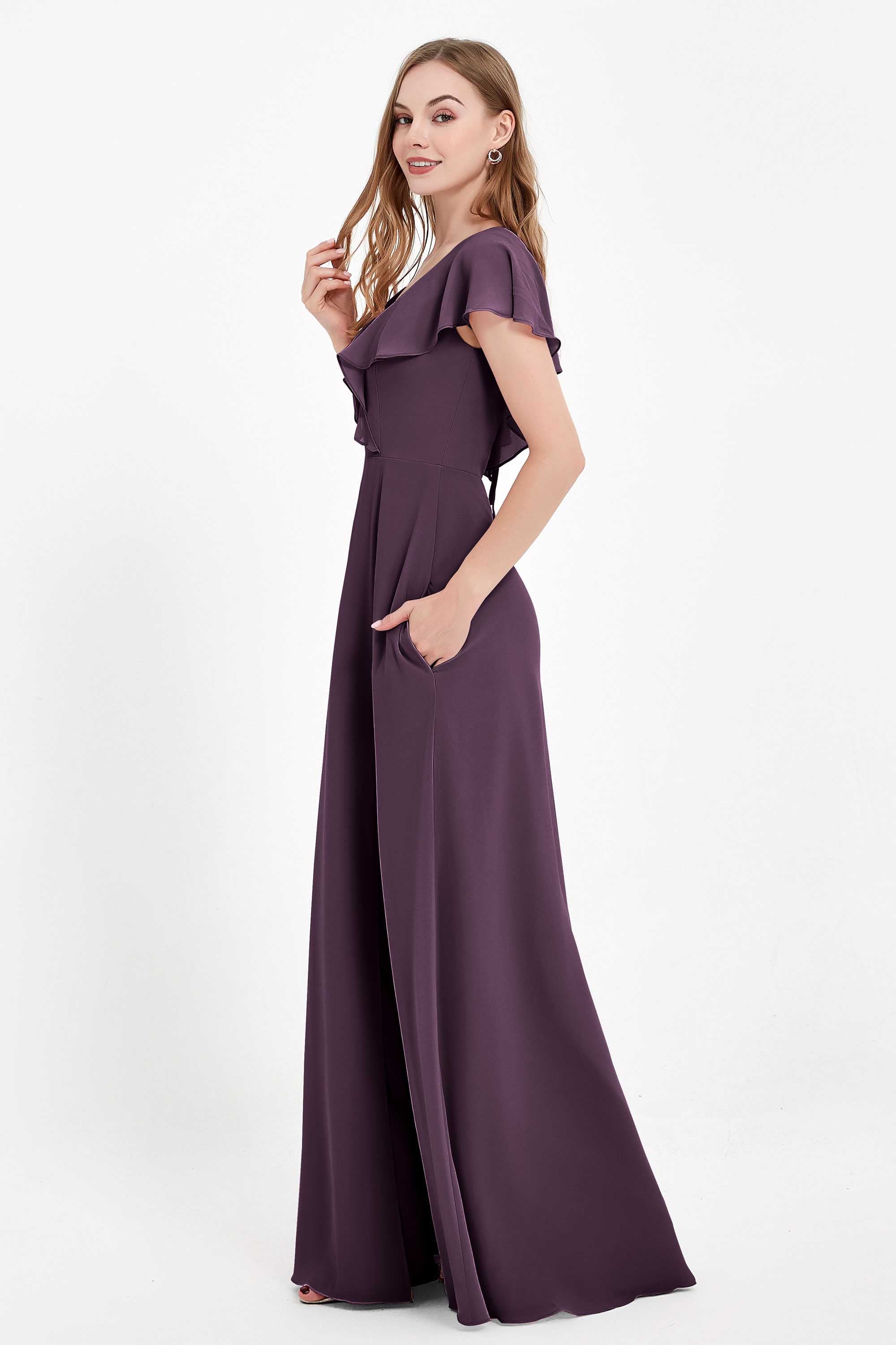 Deep V Neck Chiffon Bridesmaid Dress Flutter Sleeves Formal Evening Dresses Gowns with Slit