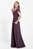 Deep V Neck Chiffon Bridesmaid Dress Flutter Sleeves Formal Evening Dresses Gowns with Slit
