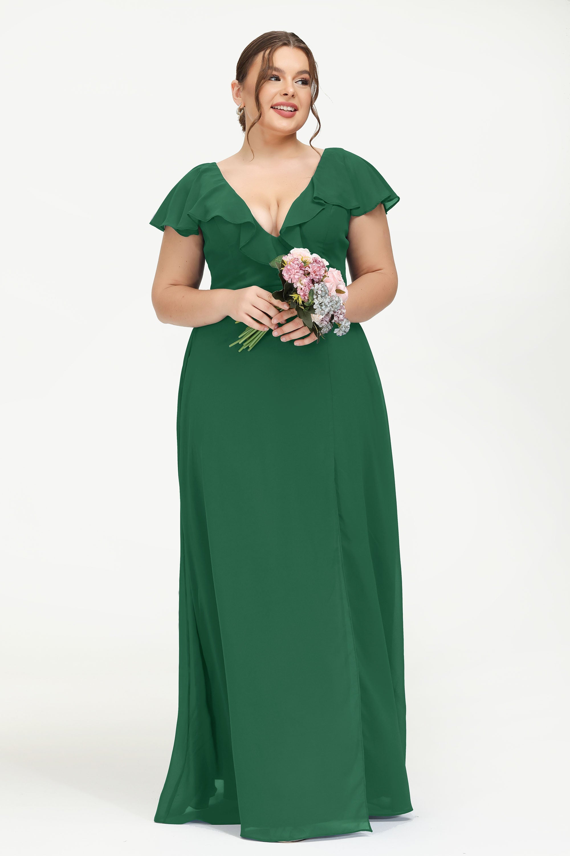 Deep V Neck Chiffon Bridesmaid Dress Flutter Sleeves Formal Evening Dresses Gowns with Slit