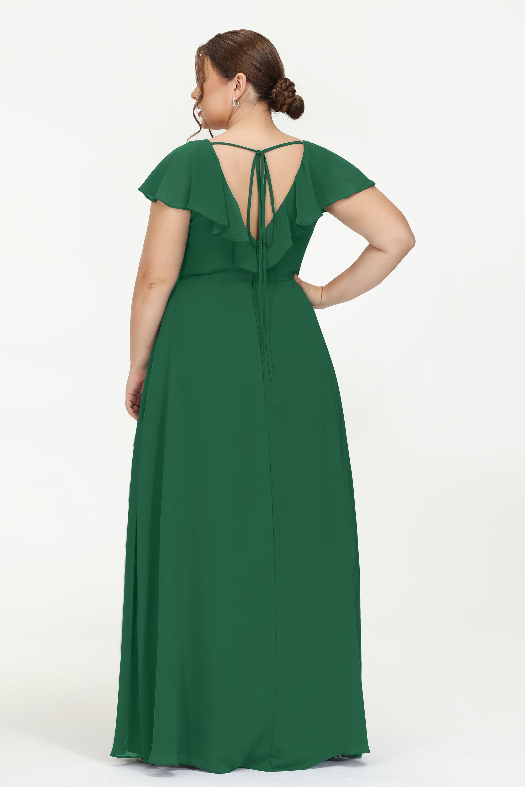 Deep V Neck Chiffon Bridesmaid Dress Flutter Sleeves Formal Evening Dresses Gowns with Slit