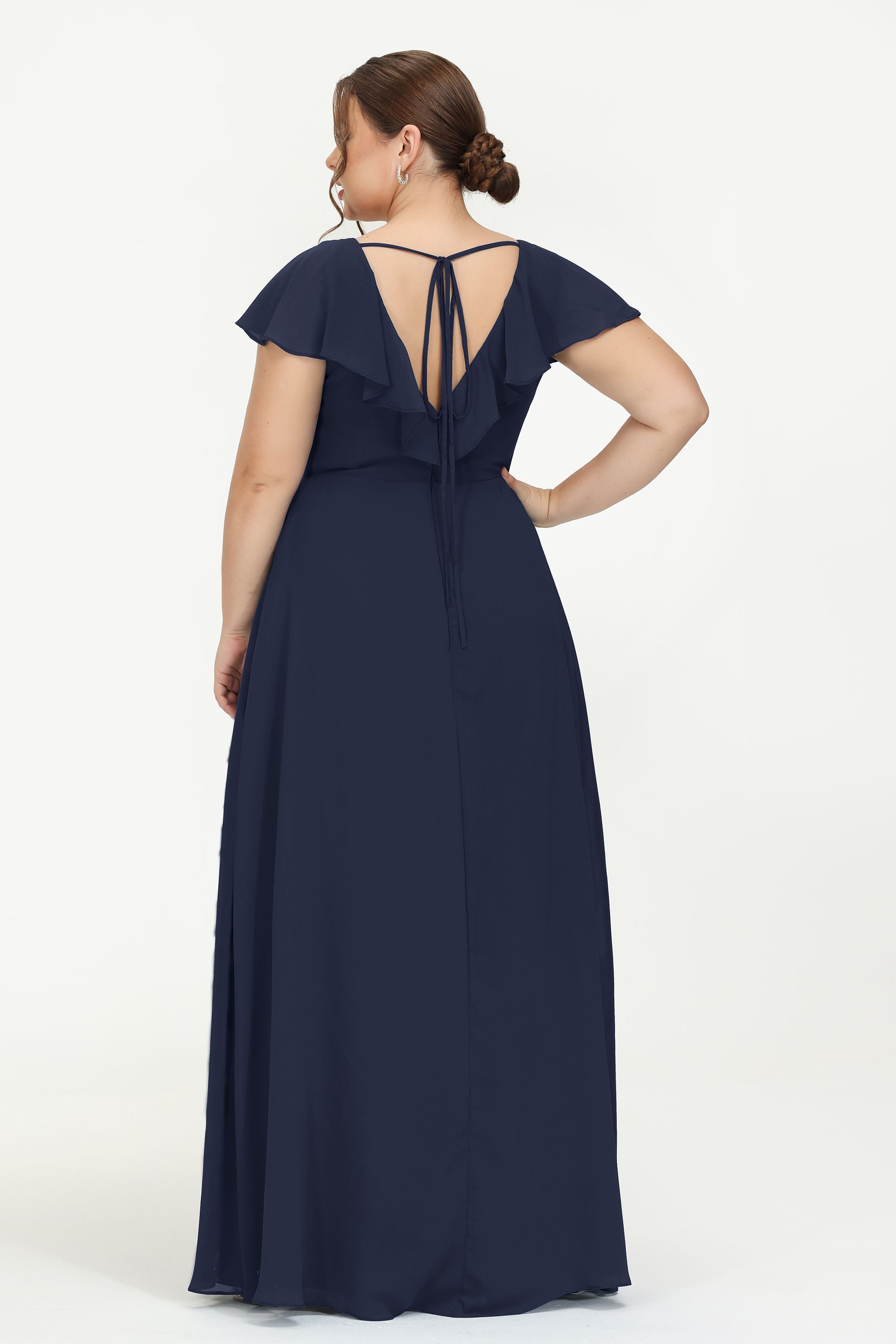 Deep V Neck Chiffon Bridesmaid Dress Flutter Sleeves Formal Evening Dresses Gowns with Slit