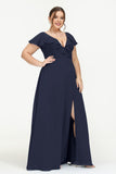 Deep V Neck Chiffon Bridesmaid Dress Flutter Sleeves Formal Evening Dresses Gowns with Slit