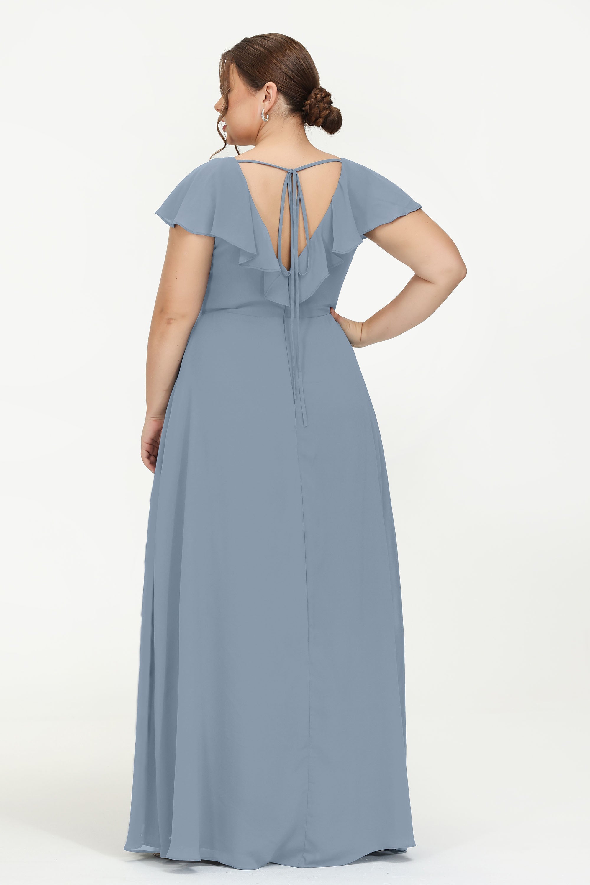 Deep V Neck Chiffon Bridesmaid Dress Flutter Sleeves Formal Evening Dresses Gowns with Slit