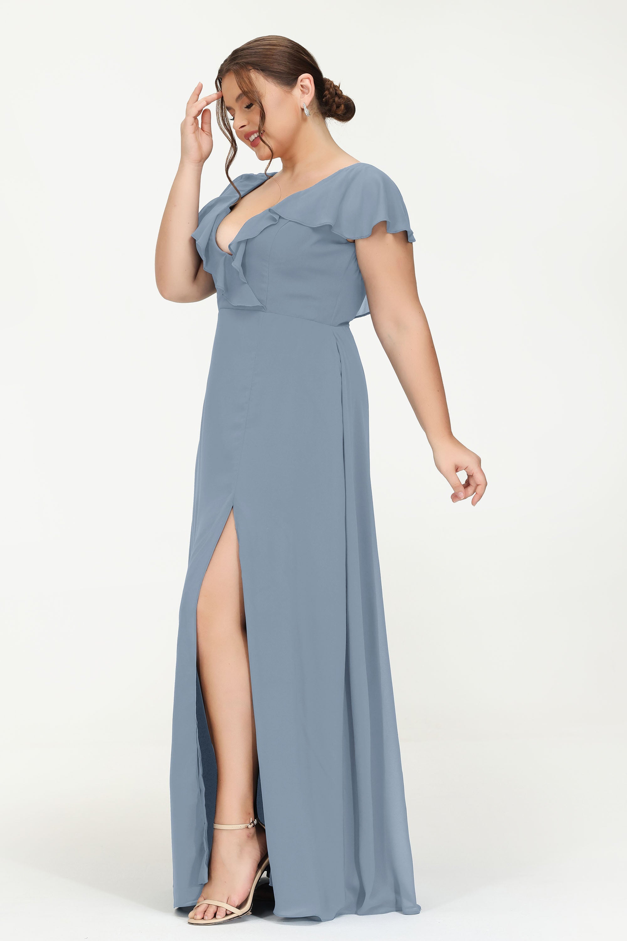 Deep V Neck Chiffon Bridesmaid Dress Flutter Sleeves Formal Evening Dresses Gowns with Slit