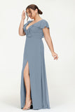 Deep V Neck Chiffon Bridesmaid Dress Flutter Sleeves Formal Evening Dresses Gowns with Slit