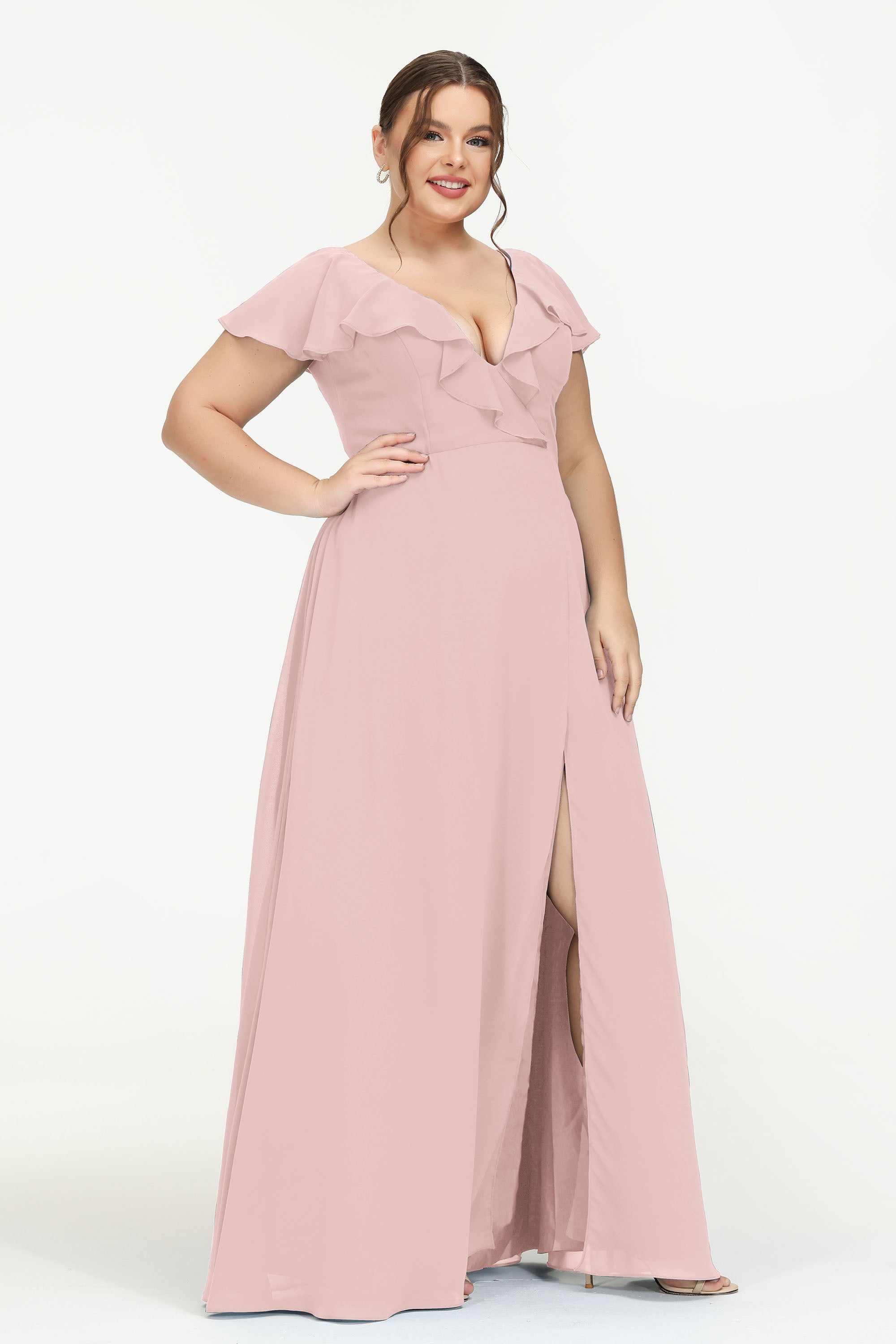 Deep V Neck Chiffon Bridesmaid Dress Flutter Sleeves Formal Evening Dresses Gowns with Slit