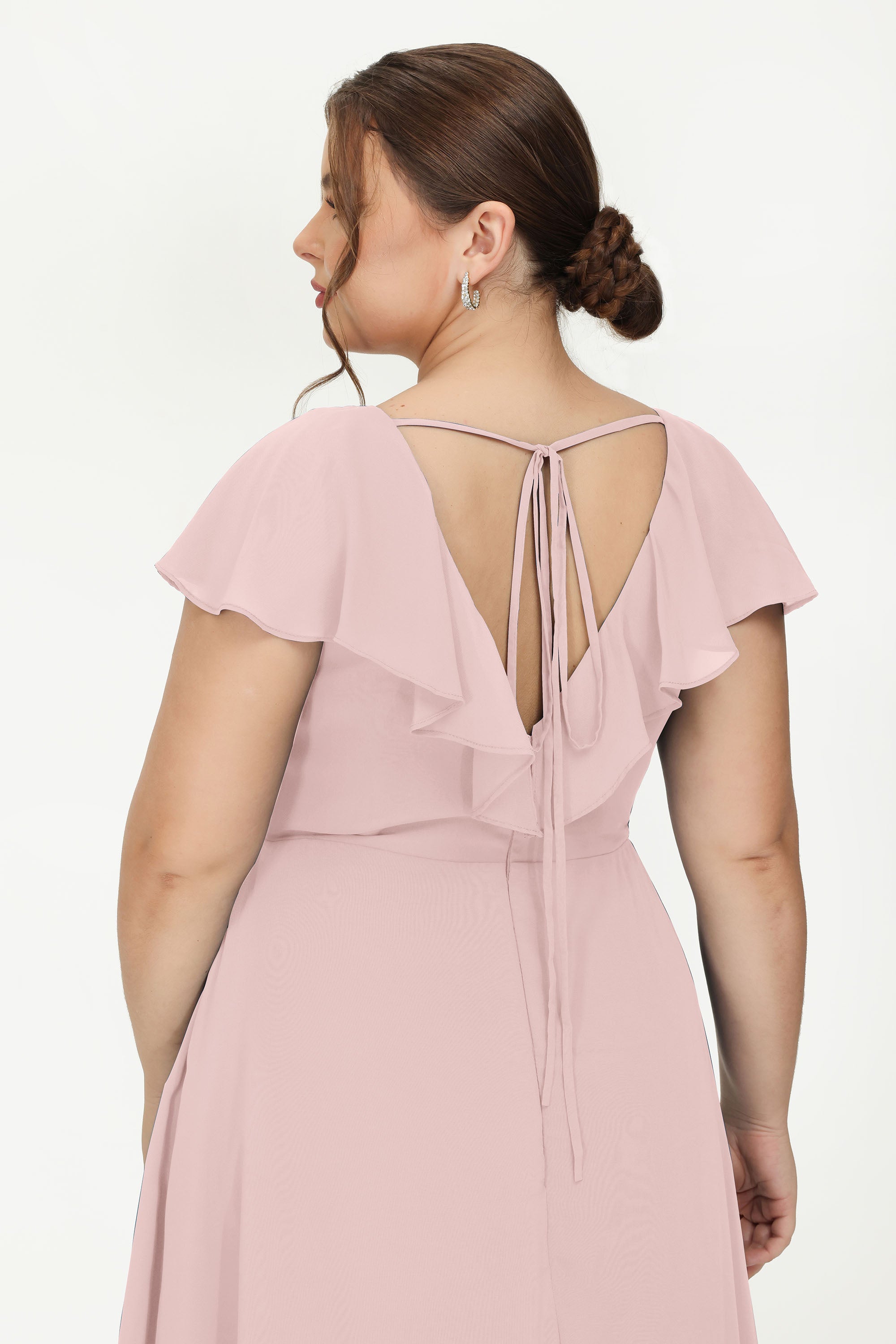 Deep V Neck Chiffon Bridesmaid Dress Flutter Sleeves Formal Evening Dresses Gowns with Slit