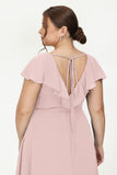 Deep V Neck Chiffon Bridesmaid Dress Flutter Sleeves Formal Evening Dresses Gowns with Slit