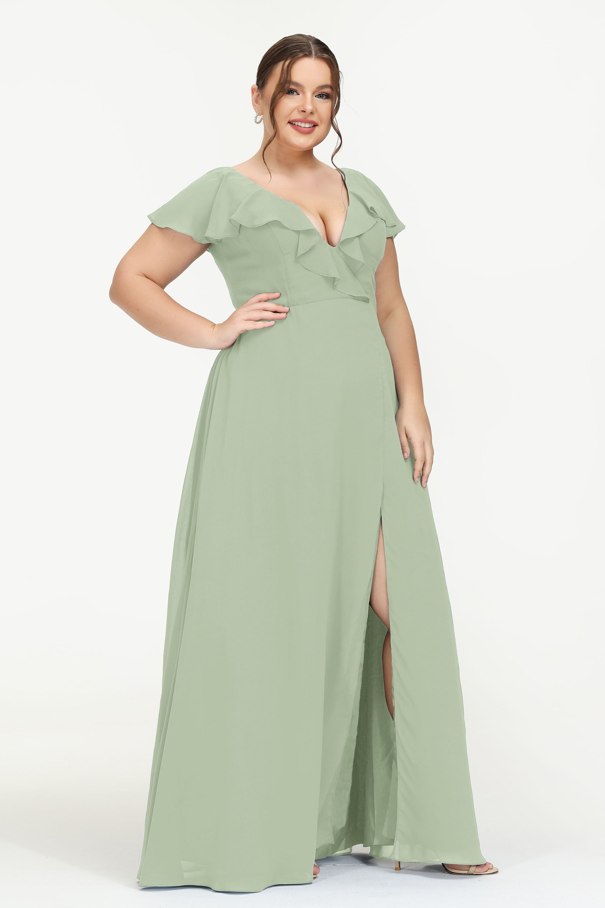Deep V Neck Chiffon Bridesmaid Dress Flutter Sleeves Formal Evening Dresses Gowns with Slit