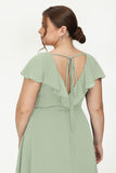 Deep V Neck Chiffon Bridesmaid Dress Flutter Sleeves Formal Evening Dresses Gowns with Slit