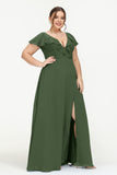 Deep V Neck Chiffon Bridesmaid Dress Flutter Sleeves Formal Evening Dresses Gowns with Slit