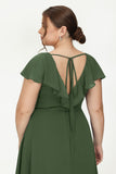 Deep V Neck Chiffon Bridesmaid Dress Flutter Sleeves Formal Evening Dresses Gowns with Slit
