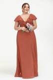 Deep V Neck Chiffon Bridesmaid Dress Flutter Sleeves Formal Evening Dresses Gowns with Slit
