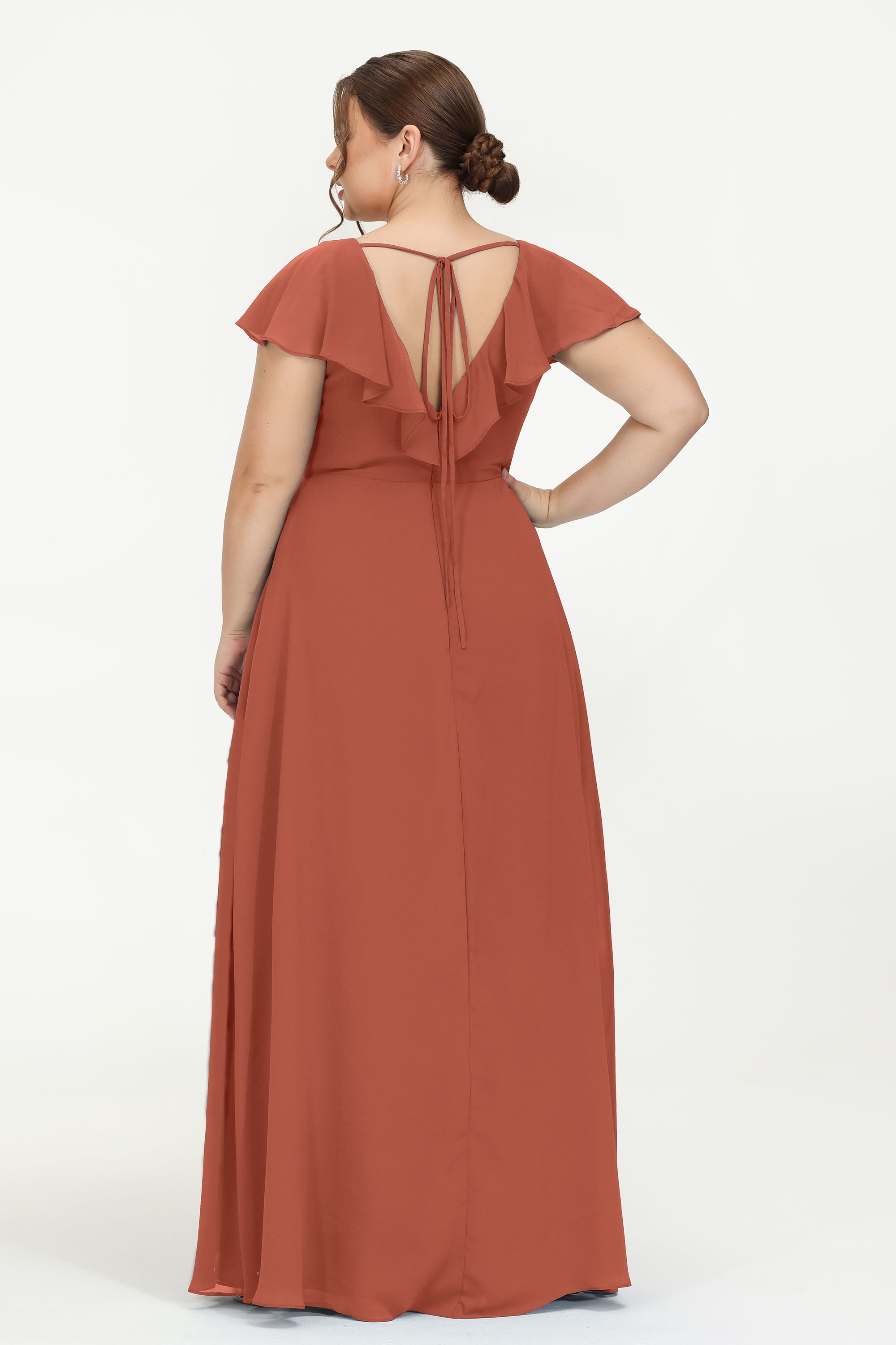 Deep V Neck Chiffon Bridesmaid Dress Flutter Sleeves Formal Evening Dresses Gowns with Slit