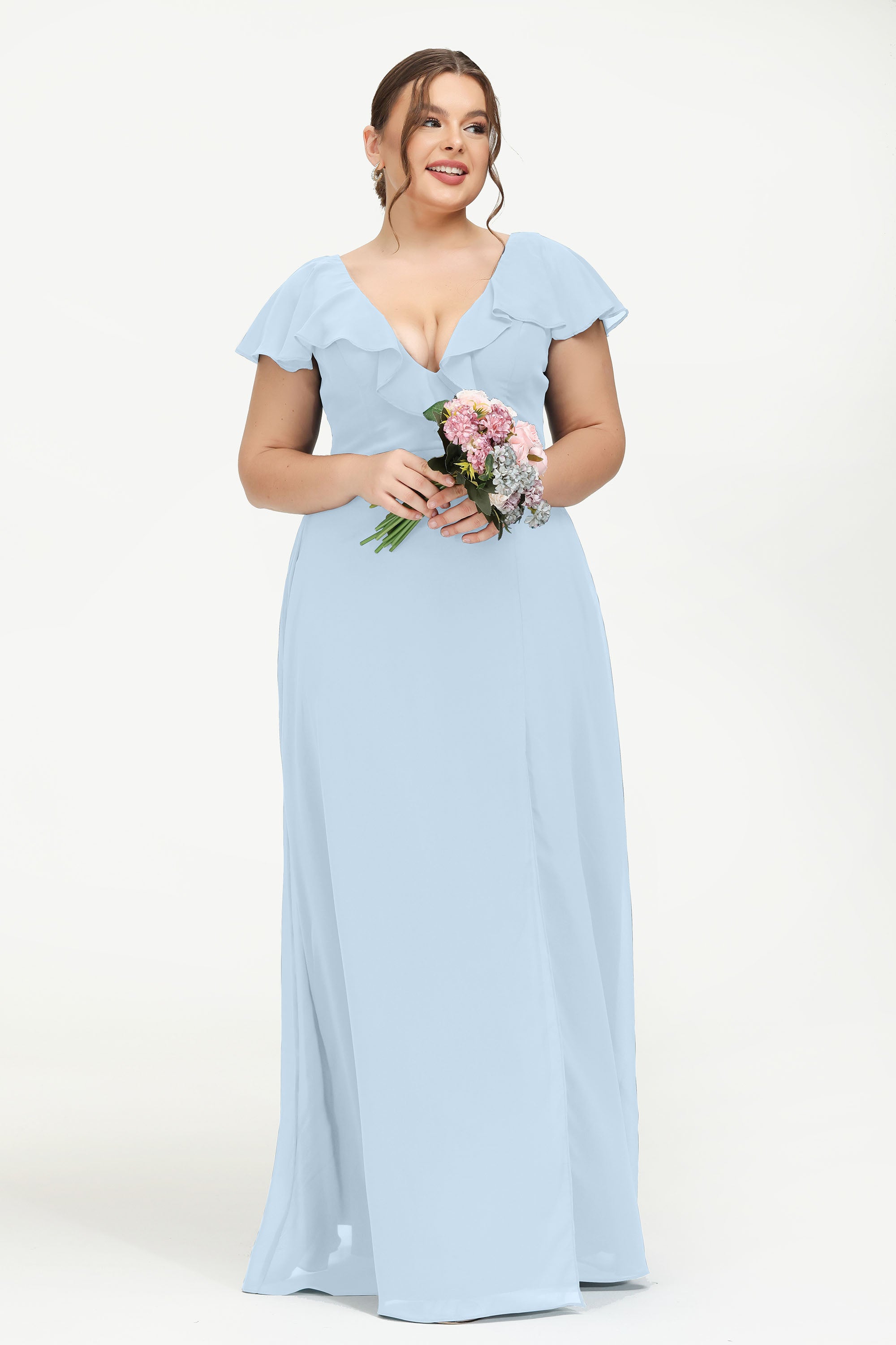 Deep V Neck Chiffon Bridesmaid Dress Flutter Sleeves Formal Evening Dresses Gowns with Slit
