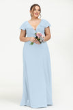 Deep V Neck Chiffon Bridesmaid Dress Flutter Sleeves Formal Evening Dresses Gowns with Slit