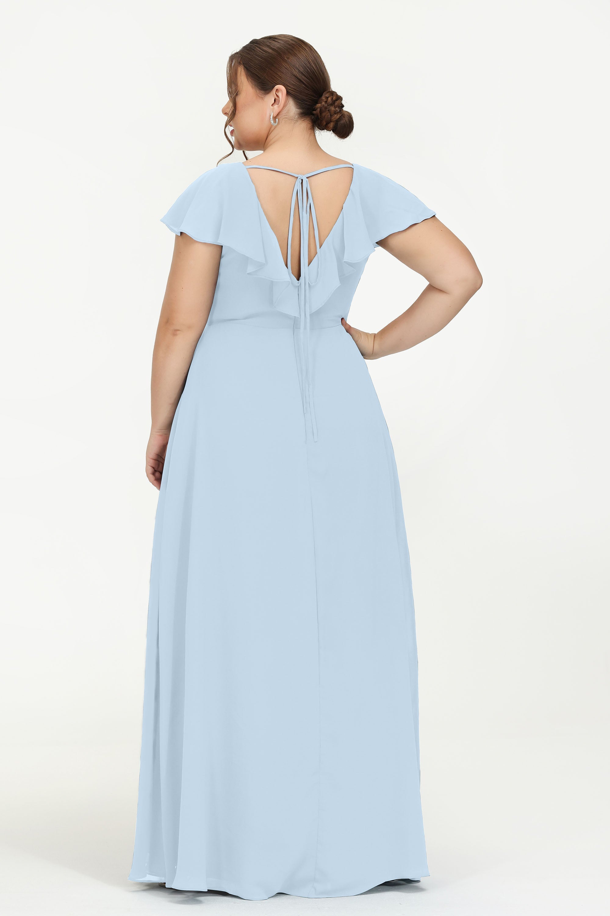 Deep V Neck Chiffon Bridesmaid Dress Flutter Sleeves Formal Evening Dresses Gowns with Slit